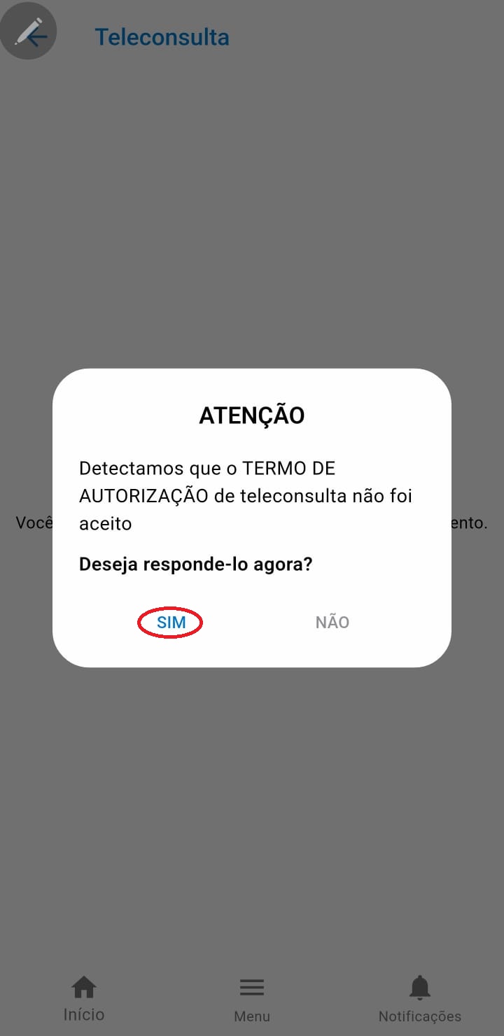 mensagem de notificação que deve aceitar o termo de consentimento